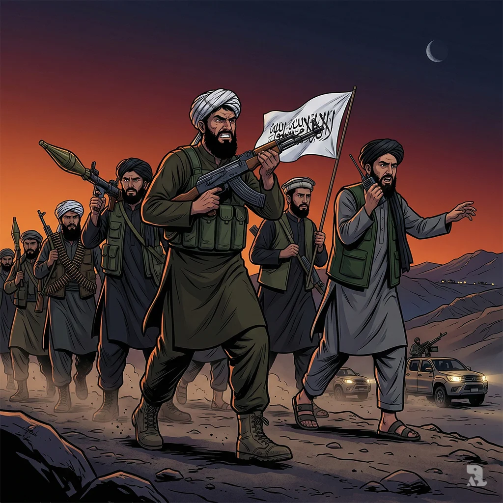 Afghan Taliban fighters advance at twilight toward Pakistani military positions, armed with rifles and RPGs, launching retaliatory operations across the border following earlier strikes. Toyota Hilux vehicles and Taliban flags visible in the mountainous terrain.