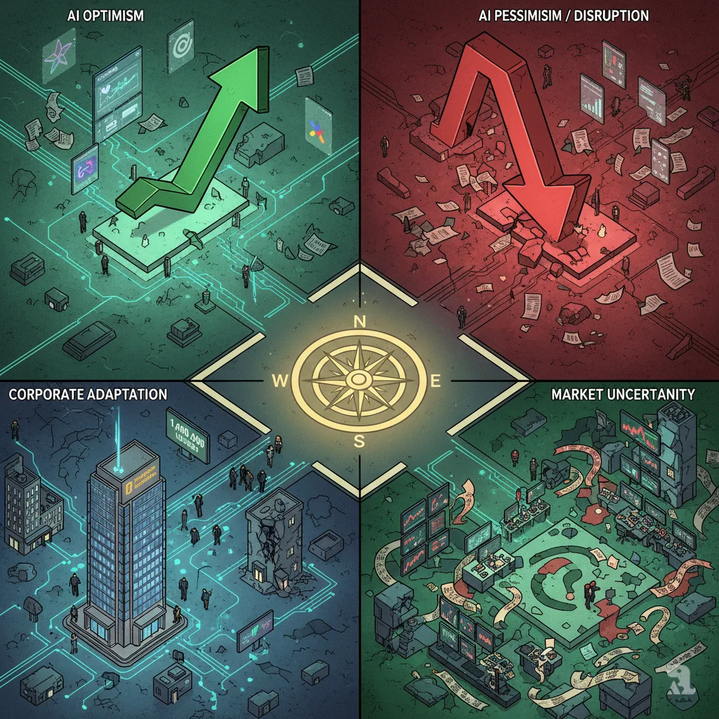 Aerial view of symbolic crossroads representing AI market forces, with four quadrants showing AI optimism green zone, AI pessimism red zone, Thomson Reuters corporate adaptation, and market uncertainty. Central compass rose symbolizes undetermined future of AI impact on stocks.