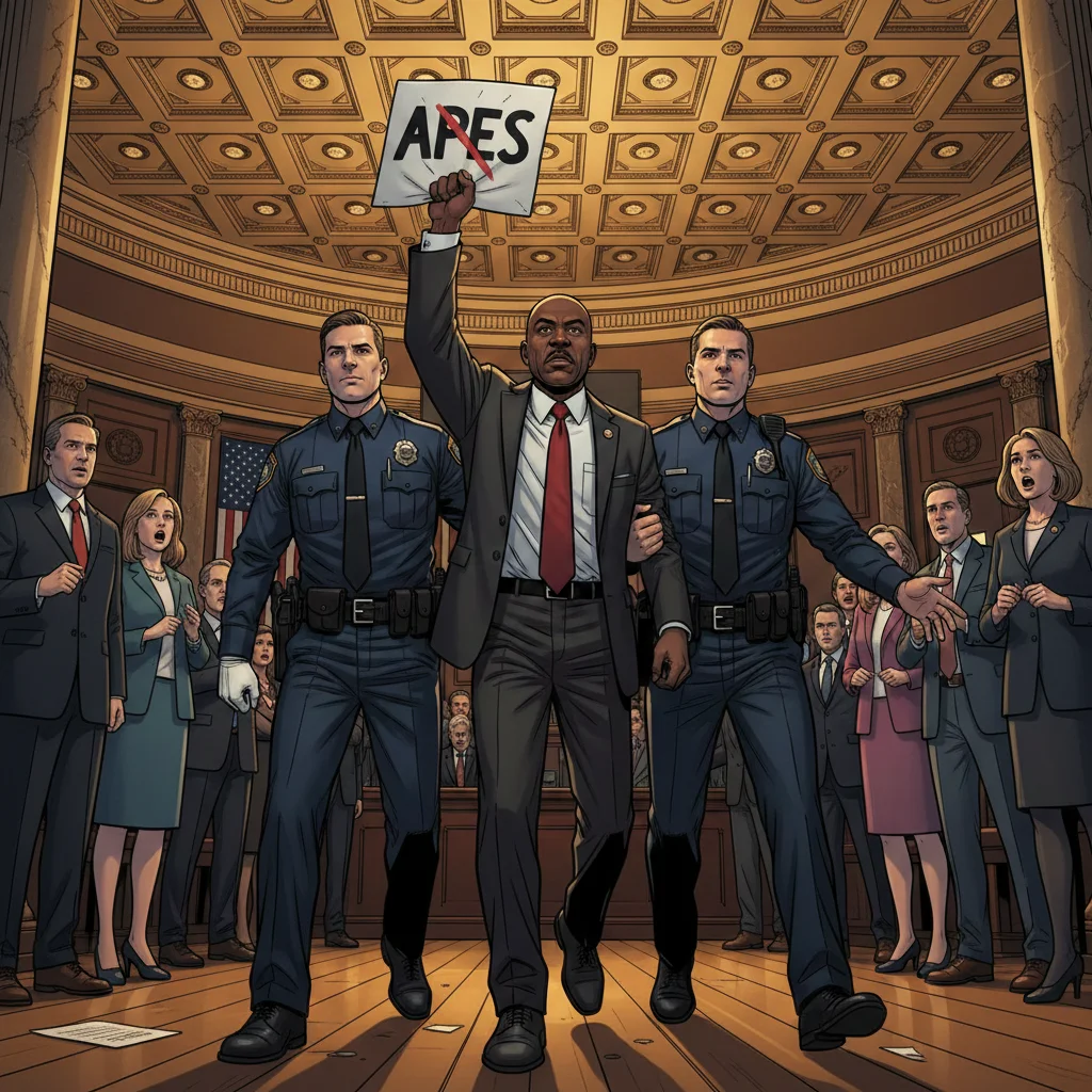 Rep. Al Green ejected from House chamber by Capitol Police, holding protest sign with "APES" crossed out, lawmakers watching in shock amid warm amber lighting and ornate architecture.