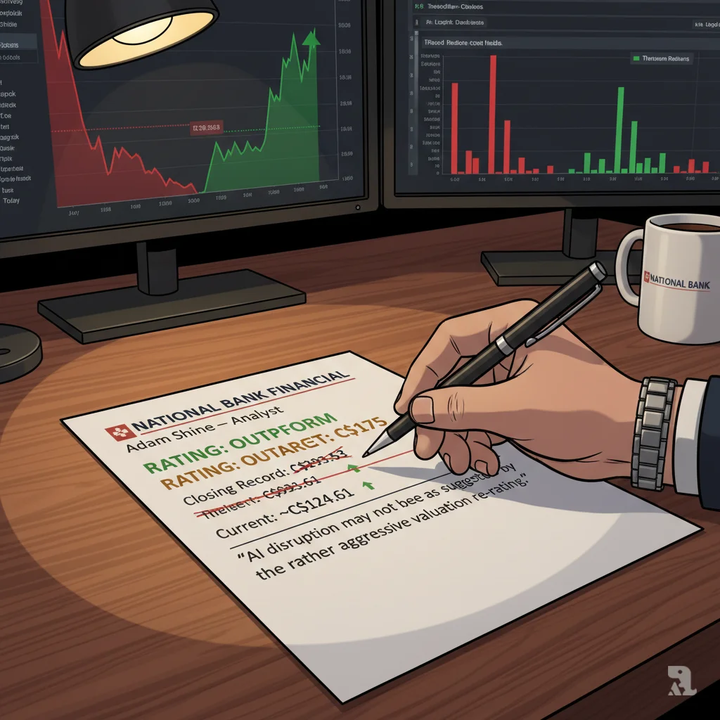 National Bank Financial analyst Adam Shine research report showing C175 price target and outperform rating for Thomson Reuters stock, with hand pointing at target price below C293.53 record high. Computer monitors display stock analysis charts in background.