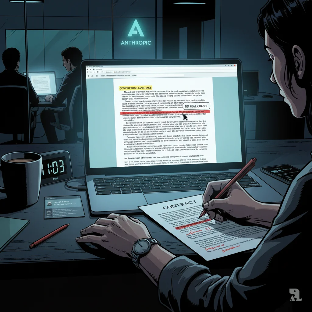 A close-up of a laptop screen and hands reviewing a contract late at night. The screen shows a legal document with "COMPROMISE LANGUAGE" highlighted in yellow, but critical text is highlighted in red with phrases like "may be disregarded." A hand holds a red pen, paused over a printed copy, revealing the Pentagon's deceptive contract wording.