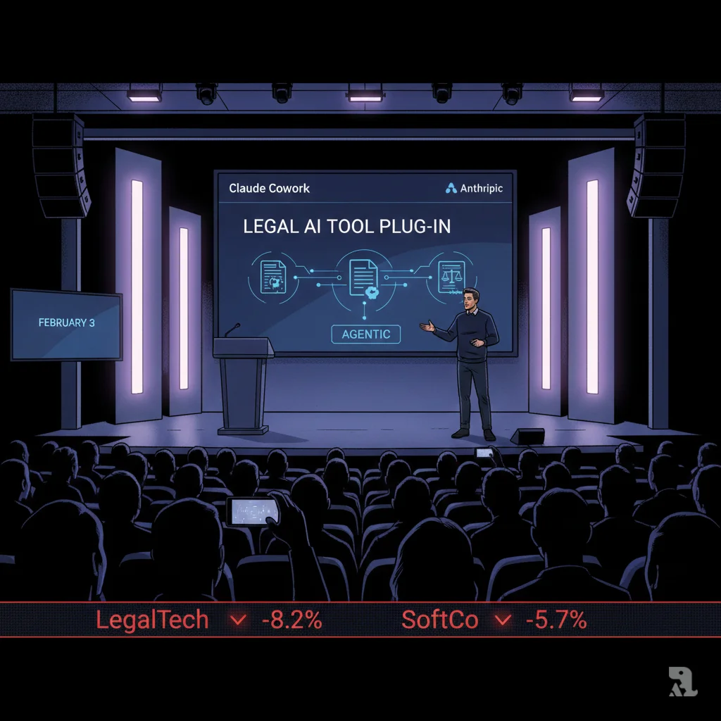 Anthropic CEO presenting Claude Cowork legal AI tool plug-in on stage at tech conference, with audience silhouettes and stock ticker showing red declining numbers for legal software companies. February 3 product launch triggers market rout across legal information sector.