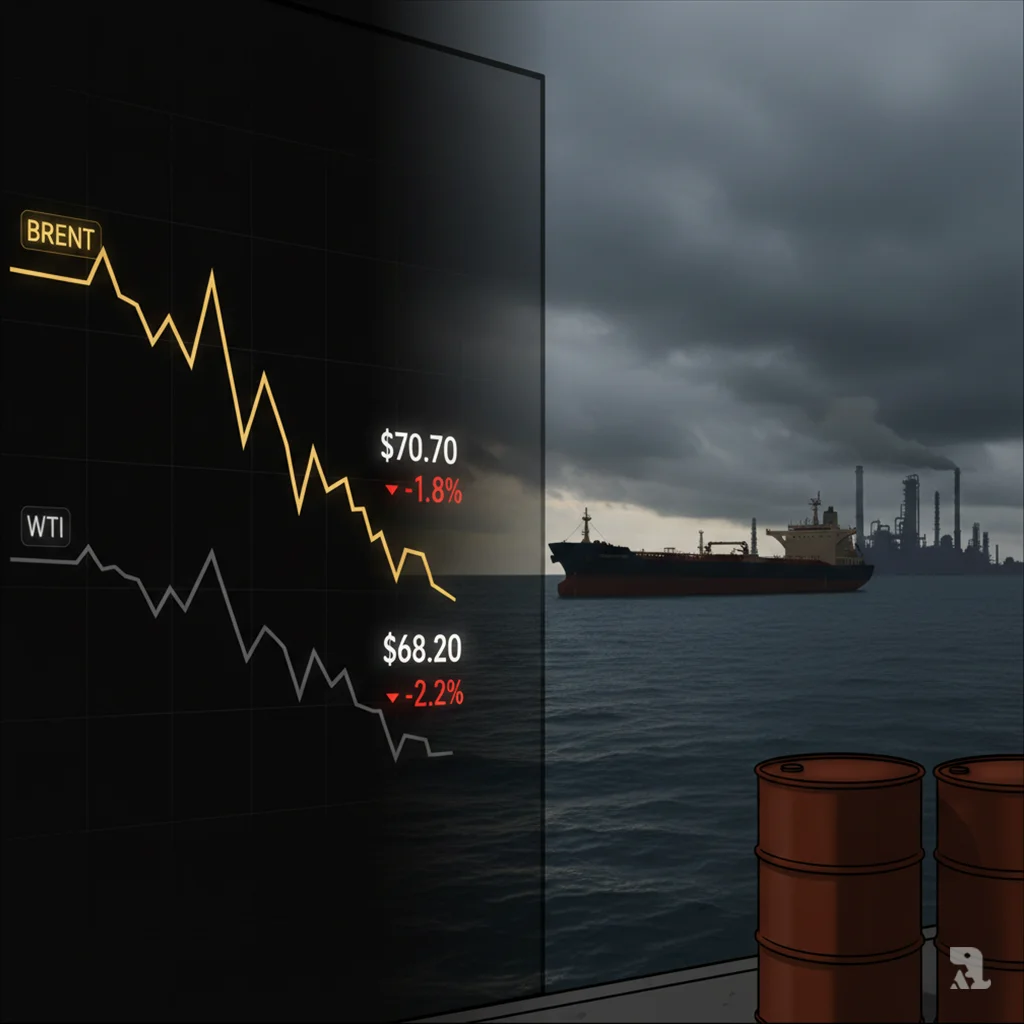 A split composite image. On the left, a large dark chart shows the weekly decline of Brent and WTI crude oil prices, with red downward arrows indicating a 1.8% and 2.2% drop. The right side transitions into a somber scene of a stationary oil tanker at sea and a refinery silhouette under a heavy, overcast sky, symbolizing market uncertainty.