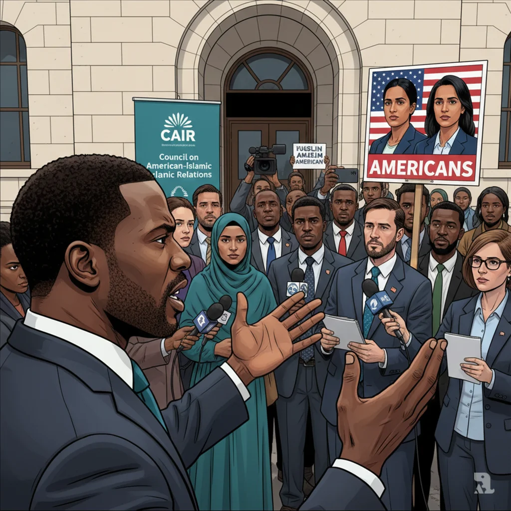 CAIR National Deputy Director Edward Ahmed Mitchell addresses media scrum from over-the-shoulder angle, gesturing emphatically while journalists record. "AMERICANS" poster featuring Omar and Tlaib visible behind press cluster, CAIR banner and community supporters in background.