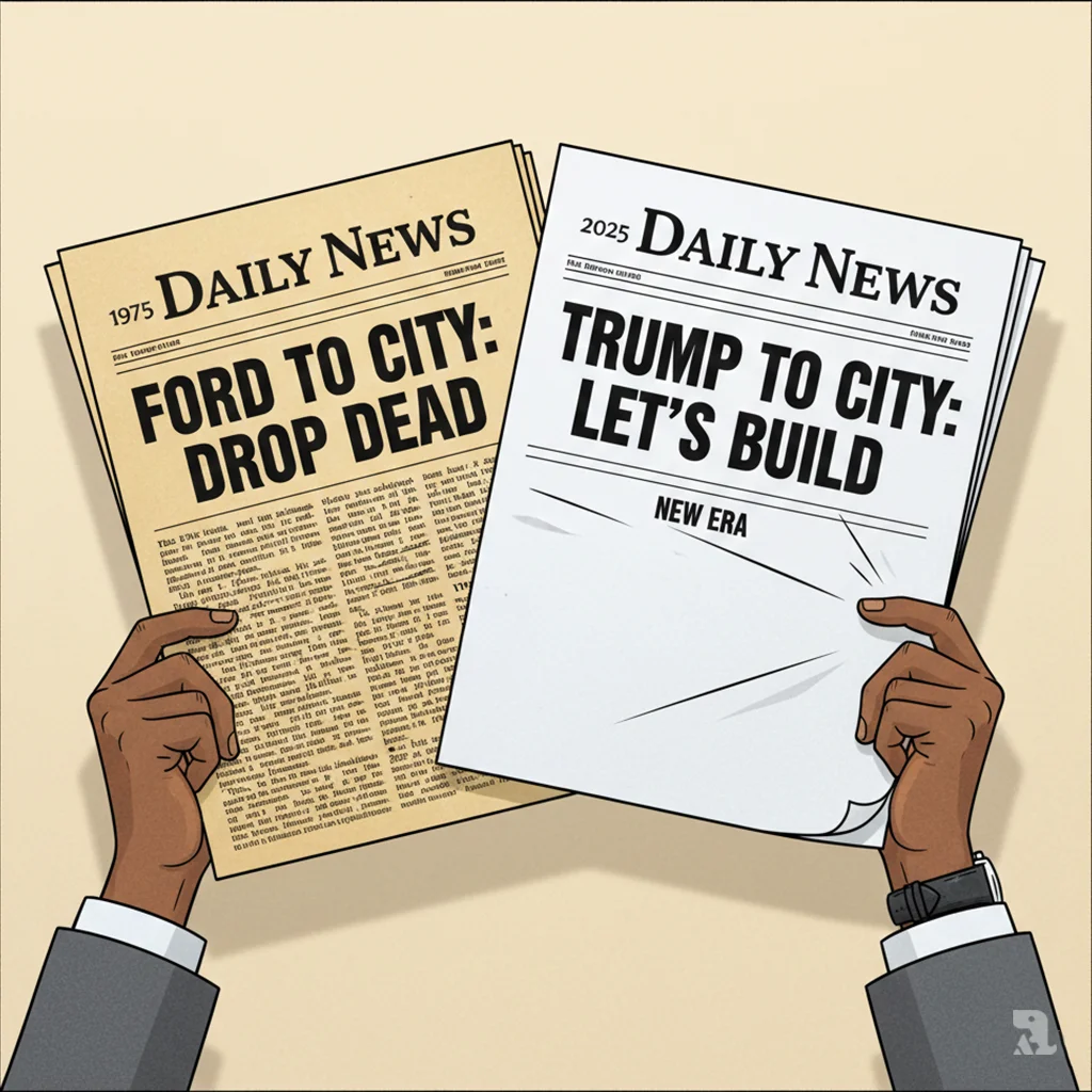 Two Daily News front pages are held up for comparison. On the left, the aged, yellowed 1975 edition with the iconic headline "Ford to City: Drop Dead." On the right, a fresh 2025 mock-up replicates the layout with a new, flattering headline for the president: "Trump to City: Let's Build." The prop was designed to leverage political psychology and tabloid history.
