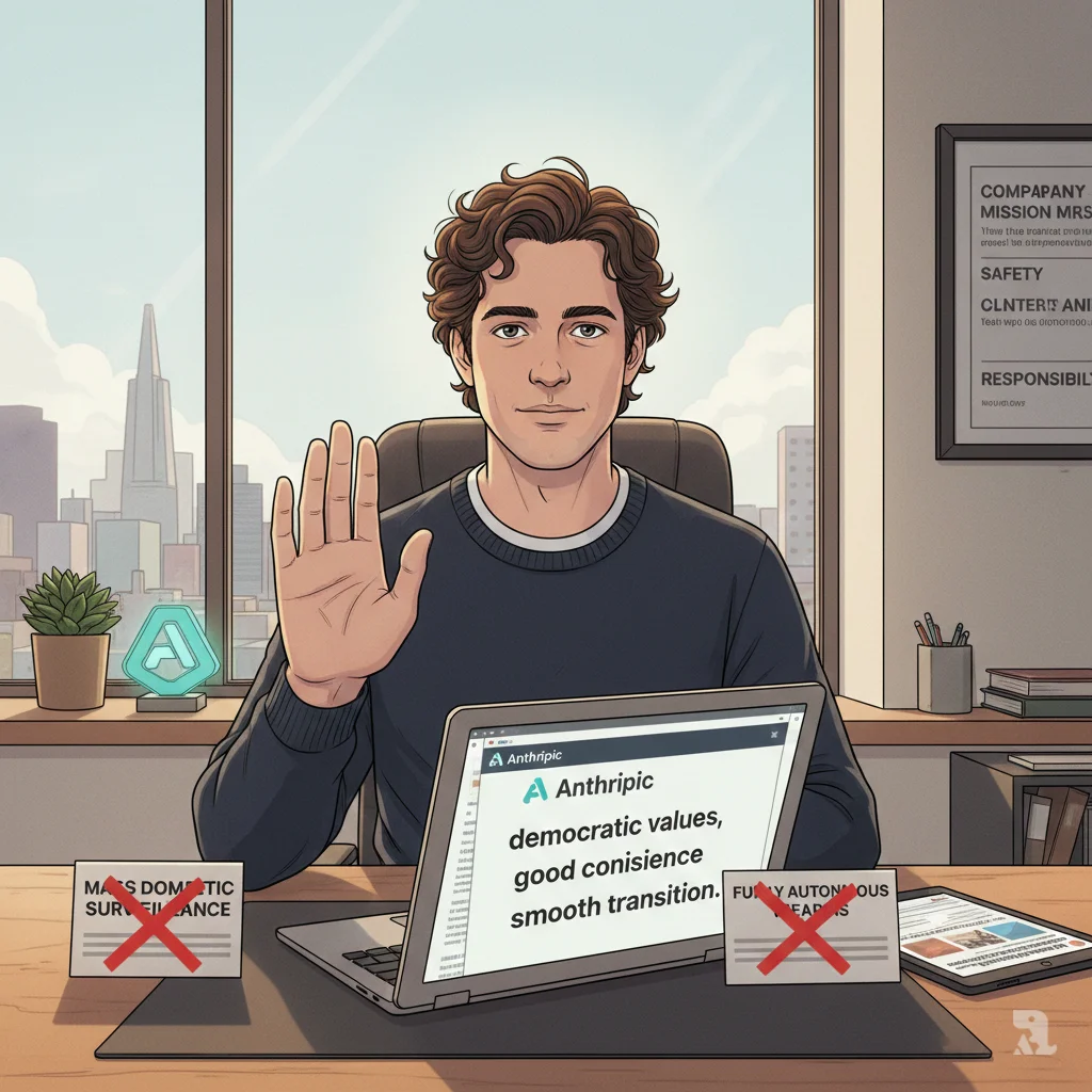 Dario Amodei sits in his bright, modern San Francisco office, looking directly at the viewer with a calm, principled expression. He holds his right hand up in a "stop" gesture. On his desk, printed cards read "MASS DOMESTIC SURVEILLANCE" and "FULLY AUTONOMOUS WEAPONS," each crossed out with a bold red X, symbolizing his refusal to compromise on AI safety.