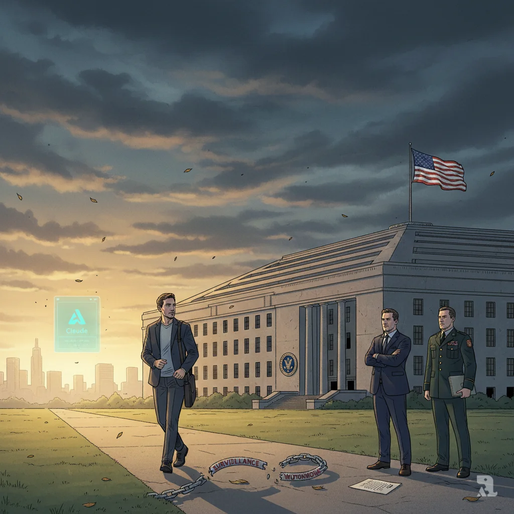 A wide shot of Dario Amodei walking away from the shadowy, imposing Pentagon building toward a bright, golden horizon. He glances back, carrying a laptop bag. Pete Hegseth watches from the Pentagon entrance with arms crossed. Broken chains labeled "SURVEILLANCE" and "AUTONOMOUS WEAPONS" lie on the path, symbolizing Anthropic's choice to uphold democratic values over a defense contract.