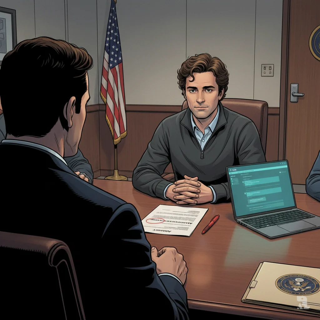Over-the-shoulder shot of Pete Hegseth's dark silhouette facing Dario Amodei across a conference table. Amodei, the CEO of Anthropic, sits calmly with his hands clasped, his expression resolute. A contract lies on the table between them with "MASS SURVEILLANCE" and "AUTONOMOUS WEAPONS" circled in red, representing the red lines in the AI safeguards standoff.