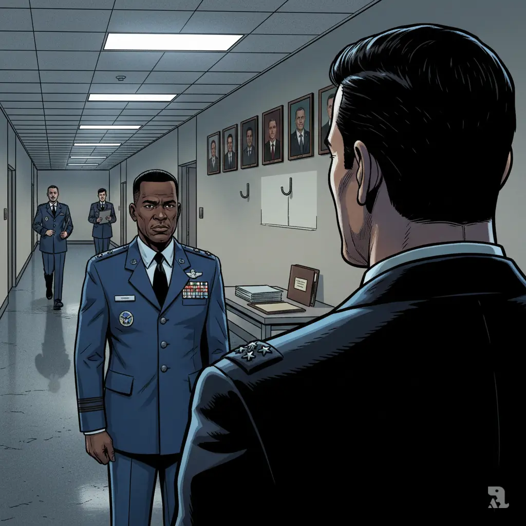 Defense Secretary Pete Hegseth viewed from behind confronts Air Force General C.Q. Brown at attention in a Pentagon corridor, with an empty portrait frame on the wall symbolizing leadership removal, establishing the pattern of high-level military dismissals.