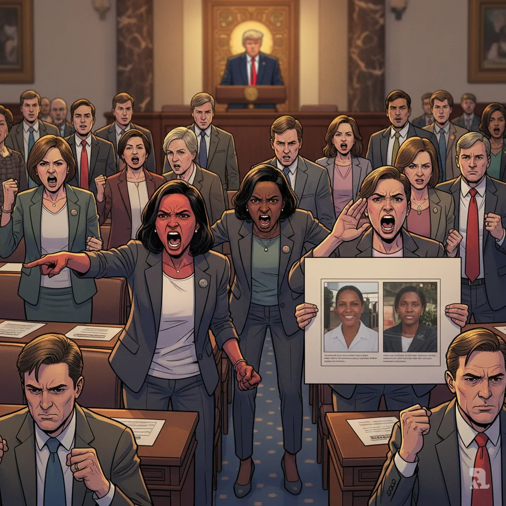 Democratic lawmakers protesting in House chamber, Rashida Tlaib pointing and shouting, Ilhan Omar with clenched fists, Norma Torres holding photos of victims, blurred Trump at podium in background.