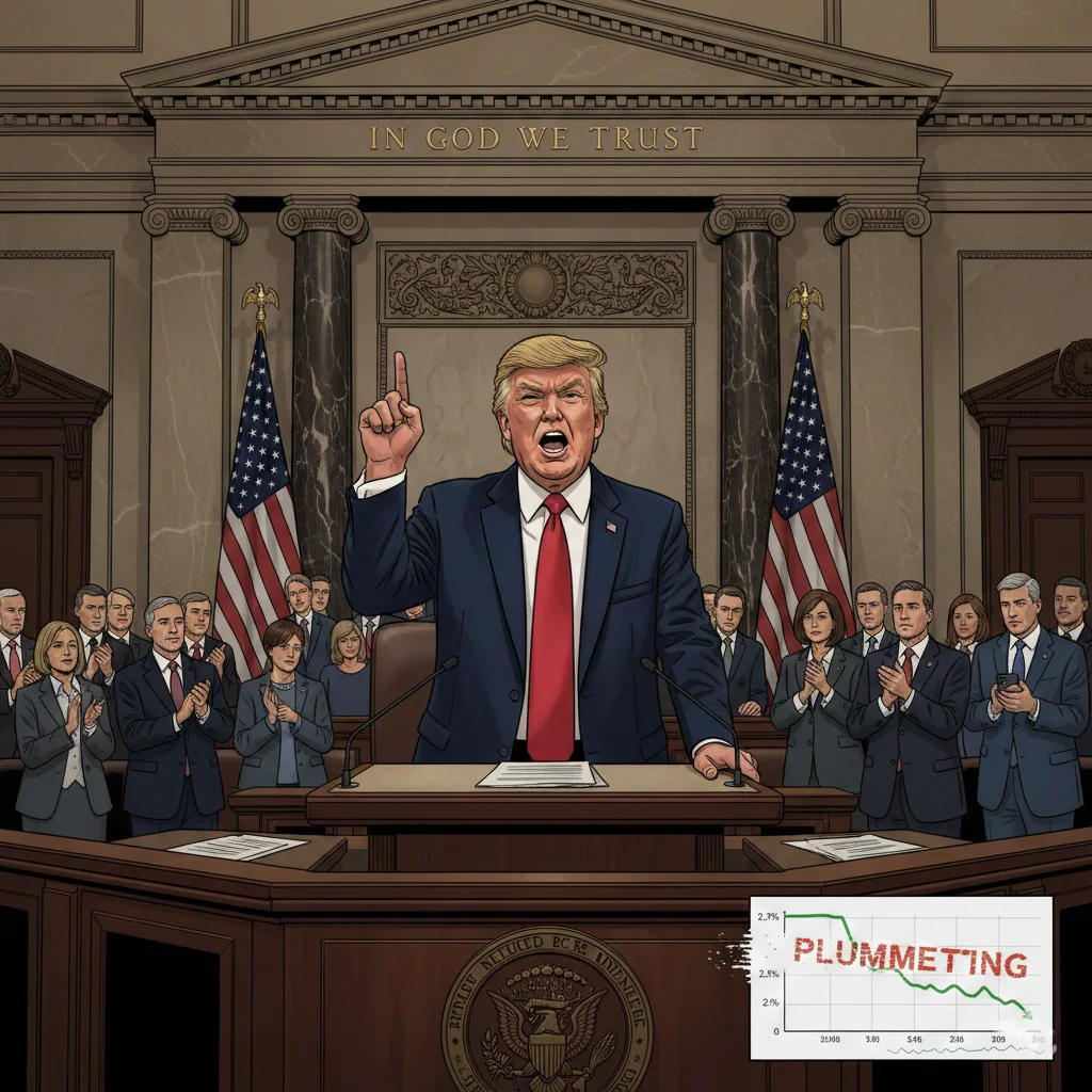 President Trump stands at the Speaker's rostrum during the State of the Union address, pointing his finger emphatically as he declares the affordability crisis over. A small data graph in the corner shows inflation dipping slightly but cumulative prices remaining high, contradicting his claim of plummeting costs.