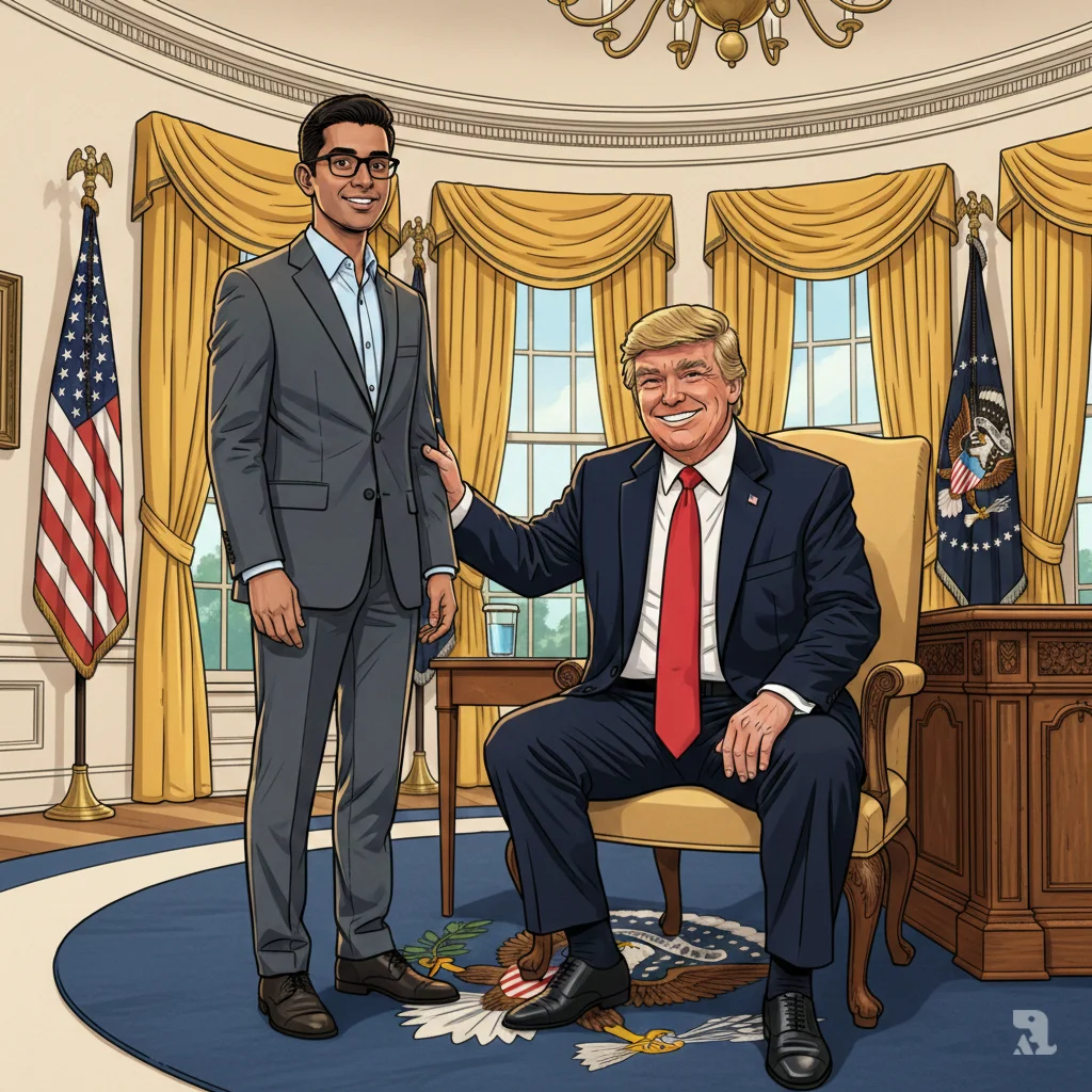 In a warm and unexpected scene inside the Oval Office, President Donald Trump, wearing a navy suit and red tie, sits in a wingback chair and pats the forearm of New York City Mayor Zohran Mamdani. Mamdani, a young South Asian man in a gray suit, stands nearby, looking pleasantly surprised. The meeting in November signaled an unlikely bond between the two leaders.