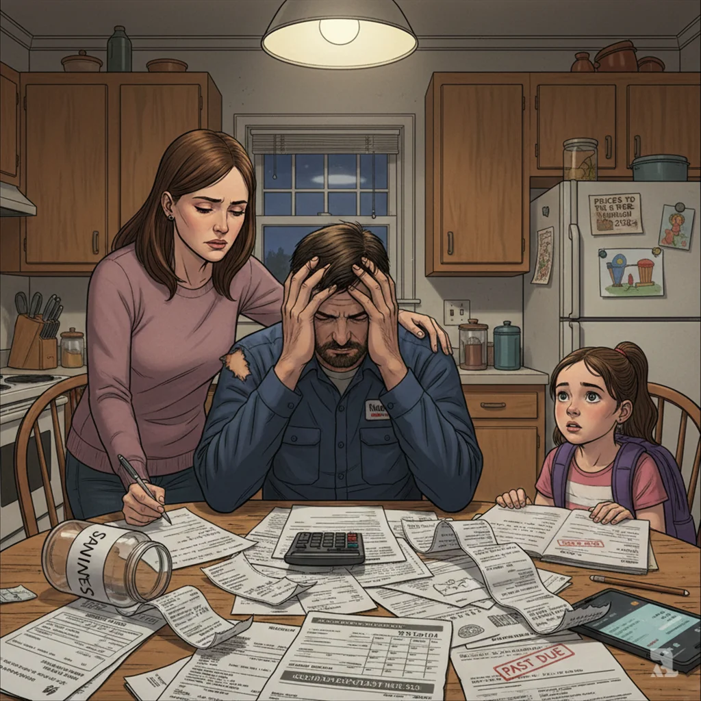 A working-class family sits at their kitchen table, surrounded by piles of bills and financial statements. The father buries his head in his hands in despair while his wife places a hand on his shoulder. An empty, tipped-over savings jar sits on the table as their daughter looks on with worry.