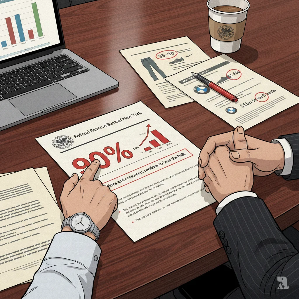 A tight close-up on a Federal Reserve report on a polished table. A hand in a white shirt points to a highlighted figure showing "90%", indicating that US consumers bear the burden of tariff costs. Other documents and a red pen lie nearby, with clasped hands visible at the frame's edge.