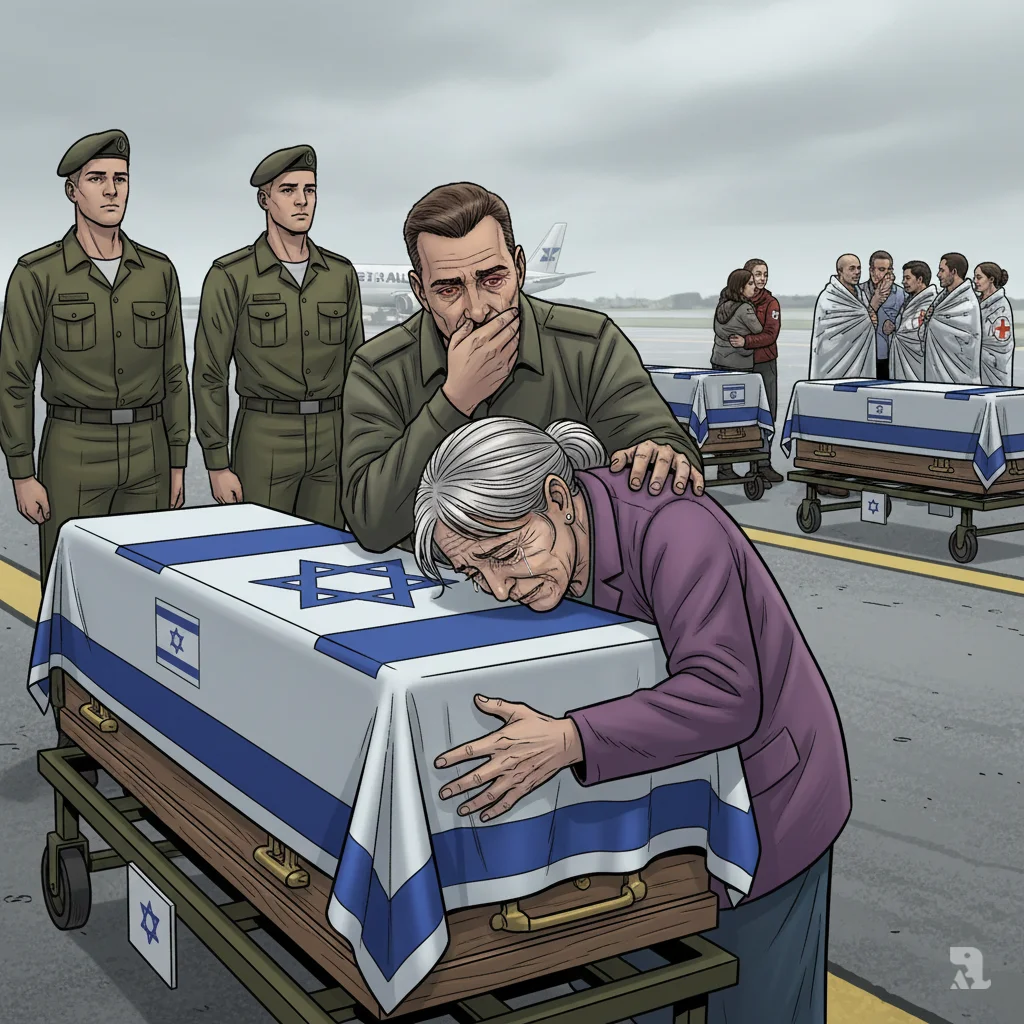Emotional military ceremony at Ben Gurion Airport as Israeli mother embraces flag-draped casket of returned hostage, with recovered remains and freed hostages visible in background.