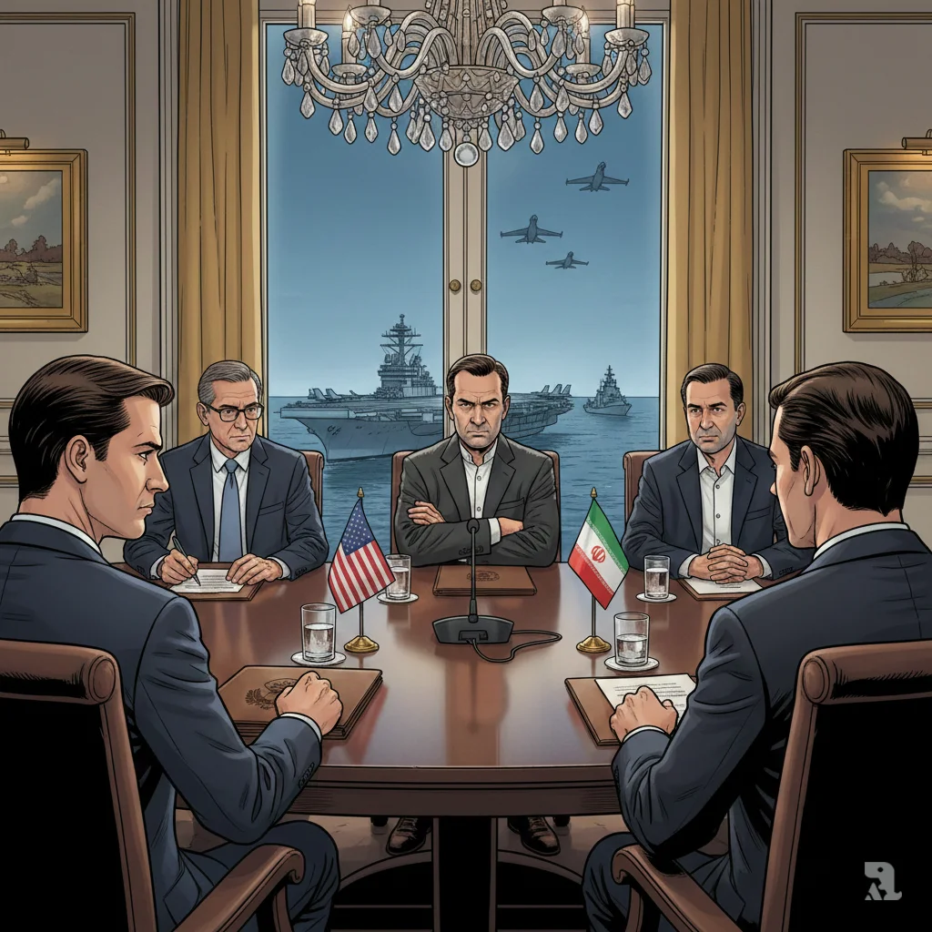US envoys Witkoff and Kushner face Iranian officials across Geneva negotiation table, with US warships and fighter jets visible through window signaling military pressure.