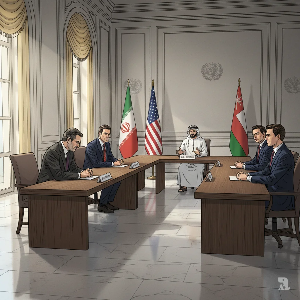Wide view of a formal diplomatic conference hall in Geneva showing Iranian and US delegations facing each other across long tables, with Omani mediators positioned between them. Abbas Araghchi, Steve Witkoff, and Jared Kushner are seated at their respective tables with national flags and documents, representing the third round of indirect nuclear negotiations.