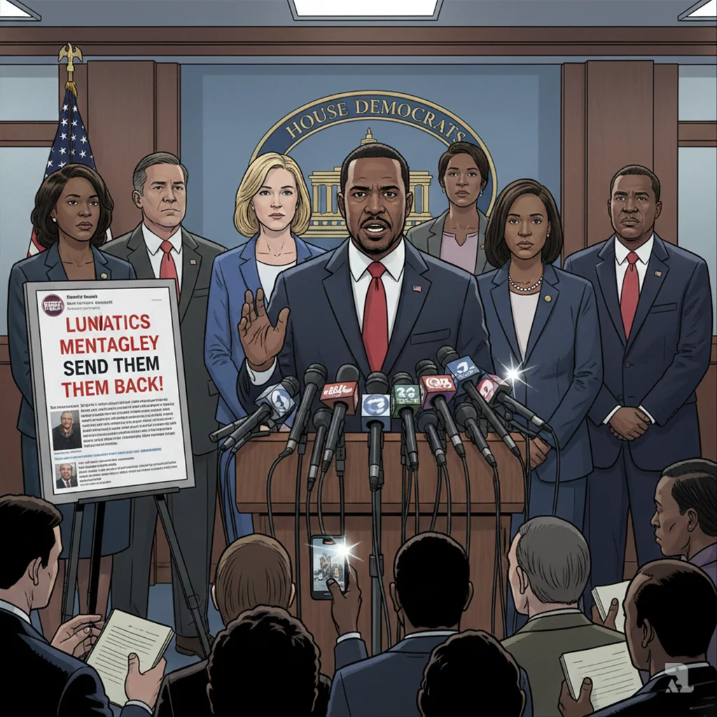 House Minority Leader Hakeem Jeffries condemns Trump's rhetoric at press conference podium, flanked by Democratic colleagues in solidarity. Microphones bristle before him as enlarged social media post stands displayed as evidence, journalists crowd foreground.