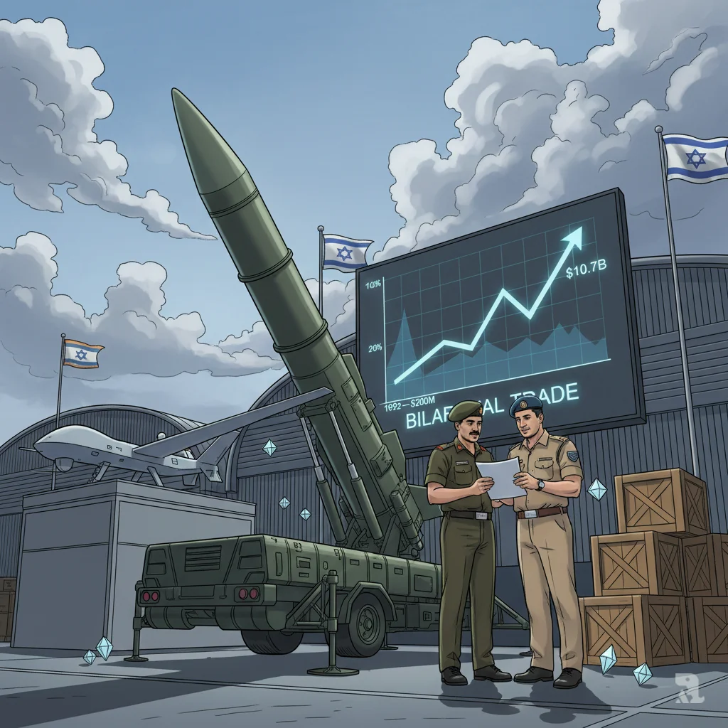 Military officials examine advanced missile defence systems and drone technology at an Indian defence exhibition, with a digital display showing bilateral trade growth from 200 million to 10.7 billion peak between India and Israel.