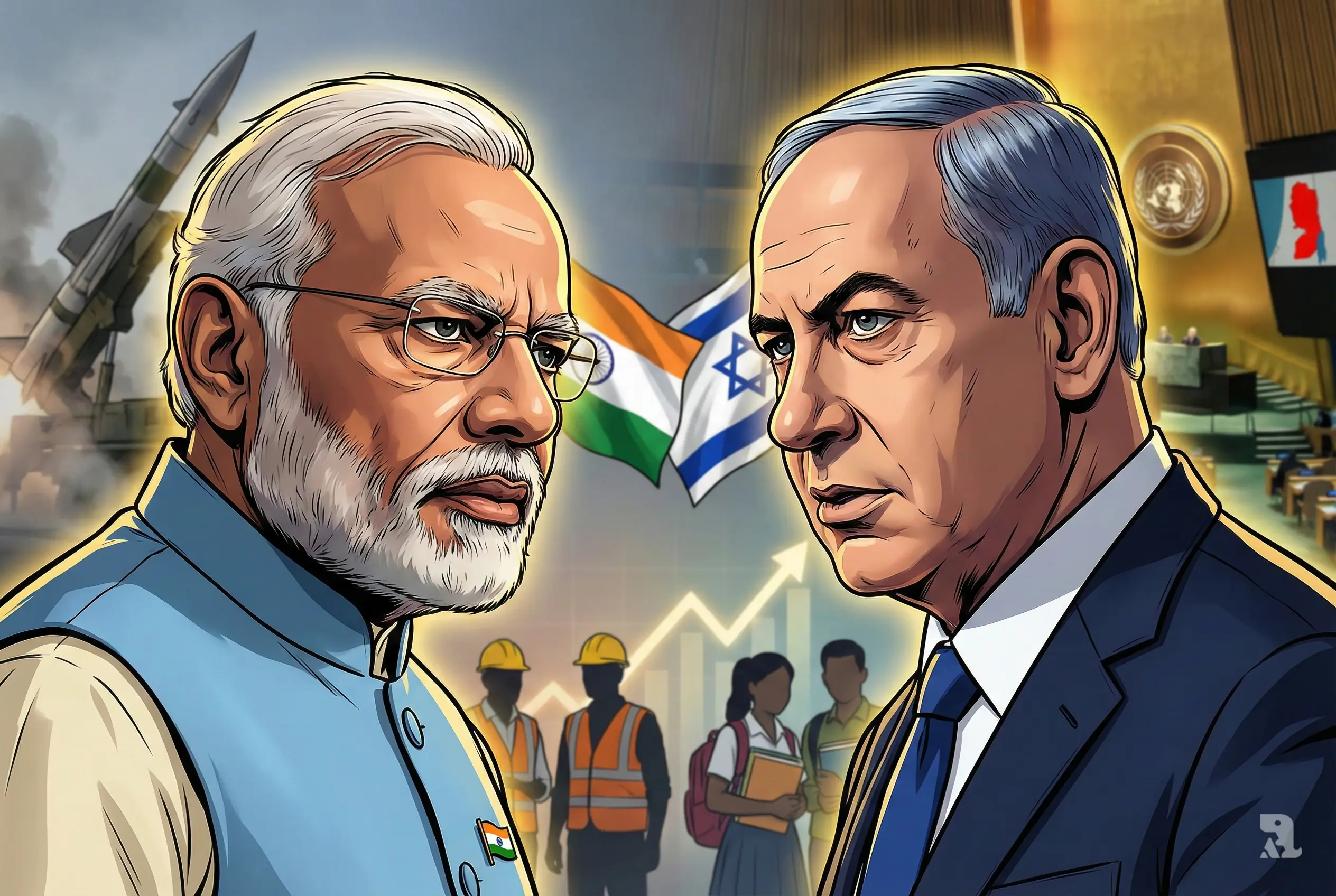 Close-up of Narendra Modi and Benjamin Netanyahu with UN hall and missile system in background representing India-Israel relations tension in 2025.