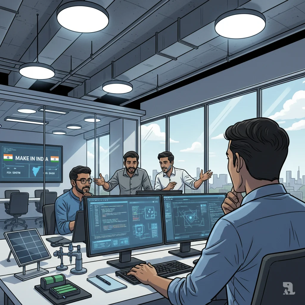 Indian and Israeli engineers collaborate at a Bengaluru tech hub, working on agricultural and cybersecurity innovations, with displays showing 347 million Israeli FDI and 443 million Indian ODI between the nations.