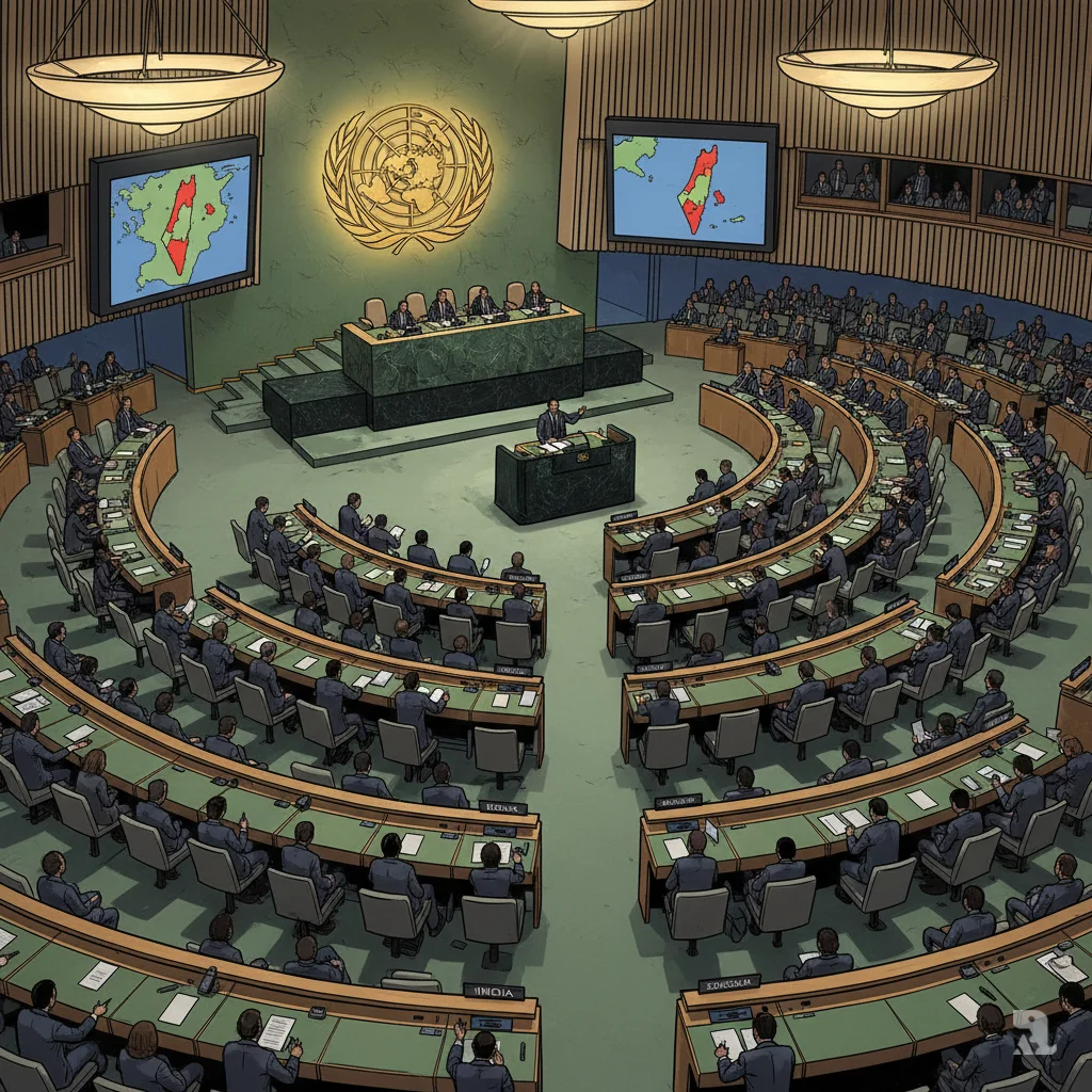Aerial view of the United Nations General Assembly Hall showing India's delegation signing a joint statement criticising Israeli West Bank settlements, alongside over 100 other nations in a significant diplomatic moment.