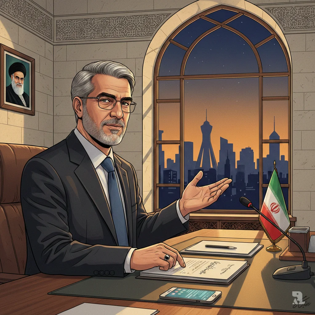 Iranian Foreign Minister Abbas Araghchi delivers a diplomatic statement from his Tehran office, with the city skyline visible through an arched window behind him. He gestures with an open palm while holding documents marked with an olive branch symbol, emphasizing Iran's stance that a nuclear deal with the US remains achievable.