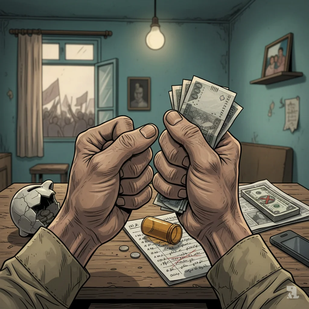 Close-up of trembling hands clutching crumpled Iranian rial banknotes on a worn table scattered with a broken piggy bank, scarce US dollar bills, an empty medicine bottle, and unpaid bills—illustrating the devastating personal impact of Iran's economic collapse and currency crisis.