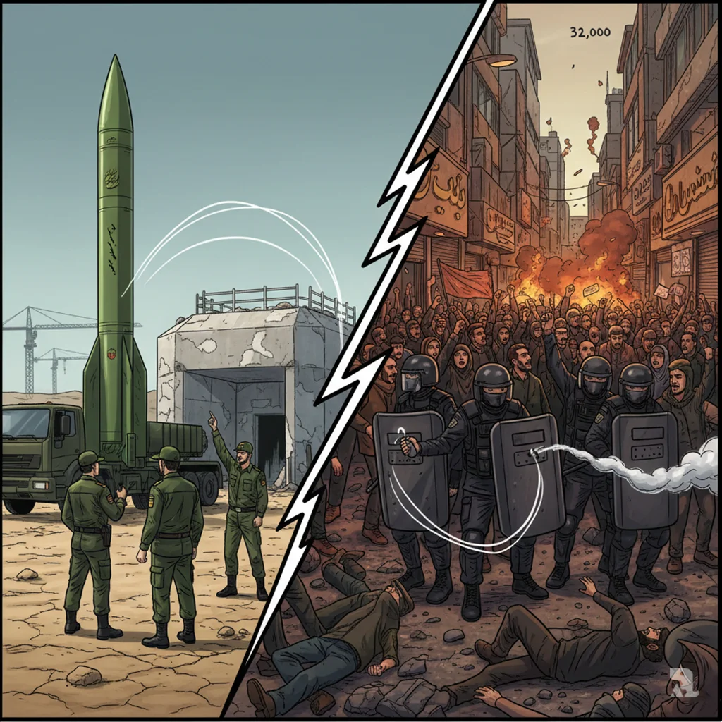 Split scene showing Iranian ballistic missile on launch pad alongside military reconstruction, contrasted with Iranian security forces confronting protesters in Tehran streets.