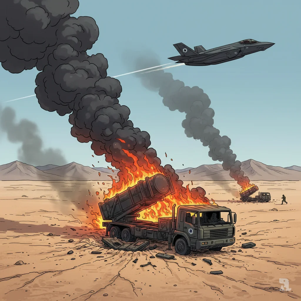 A destroyed Iranian mobile missile launcher burns in an arid landscape after an Israeli airstrike. An Israeli F-35 fighter jet is seen banking away in the sky above the thick black smoke.