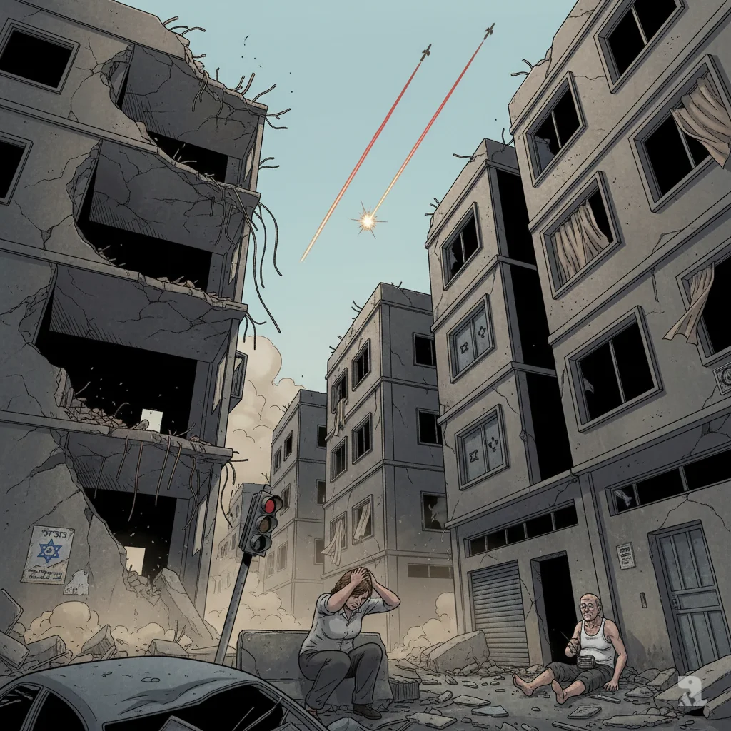 A damaged street in Beersheva, Israel, with a collapsed building facade exposing internal rooms, including an intact hardened safe room. Exhausted civilians sit among the rubble as new missile trails streak overhead.