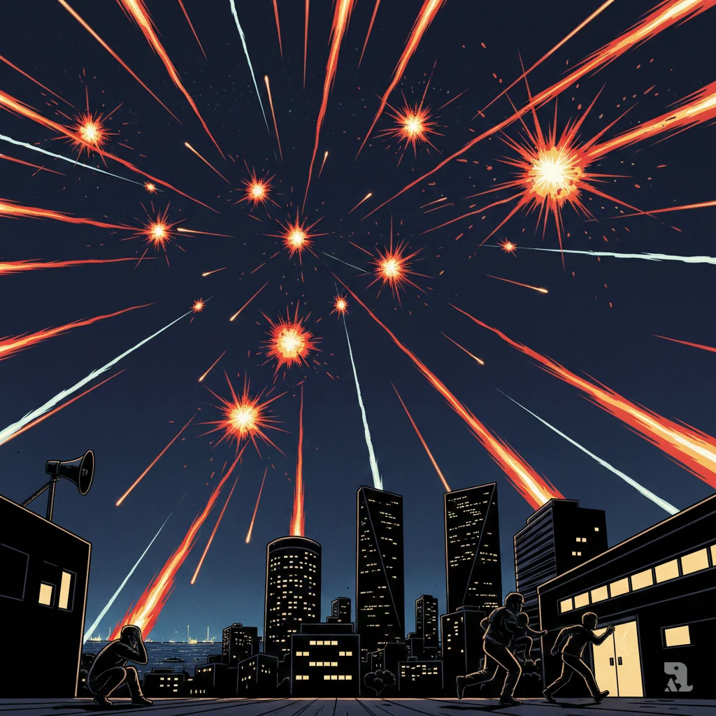 Night sky over Tel Aviv filled with multiple incoming Iranian missile trails in red and orange, and white interceptor streaks from Israeli air defenses during a June 2025 barrage. Silhouetted civilians run for cover on the street below.