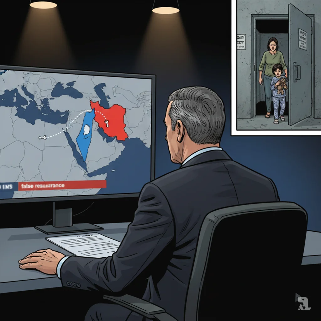 Former Israeli air defense commander Ran Kochav being interviewed in a TV studio, with a map of the Middle East highlighting Israel and Iran on a monitor. A smaller image shows an Israeli mother and child entering a concrete bomb shelter.