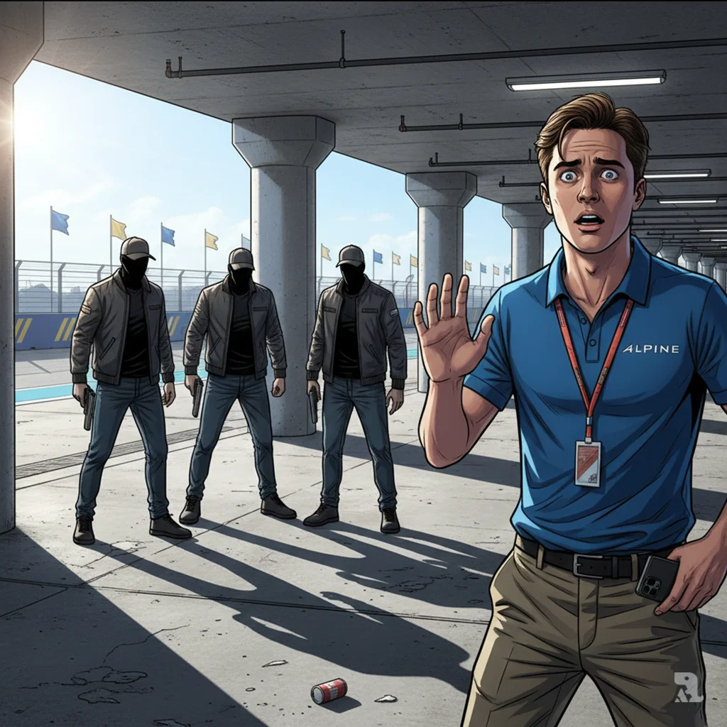 Three men in dark clothing confront F1 driver Jack Doohan near the Miami circuit, with handgun shapes visible on their persons during a tense standoff.