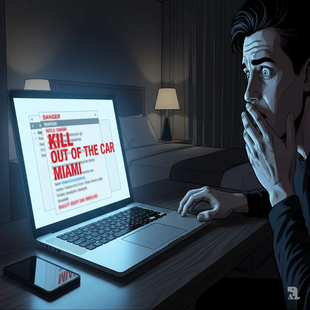 A hotel room in Miami where Jack Doohan sits tensely in the dark, his face illuminated by a laptop screen displaying threatening emails with visible red warning text.