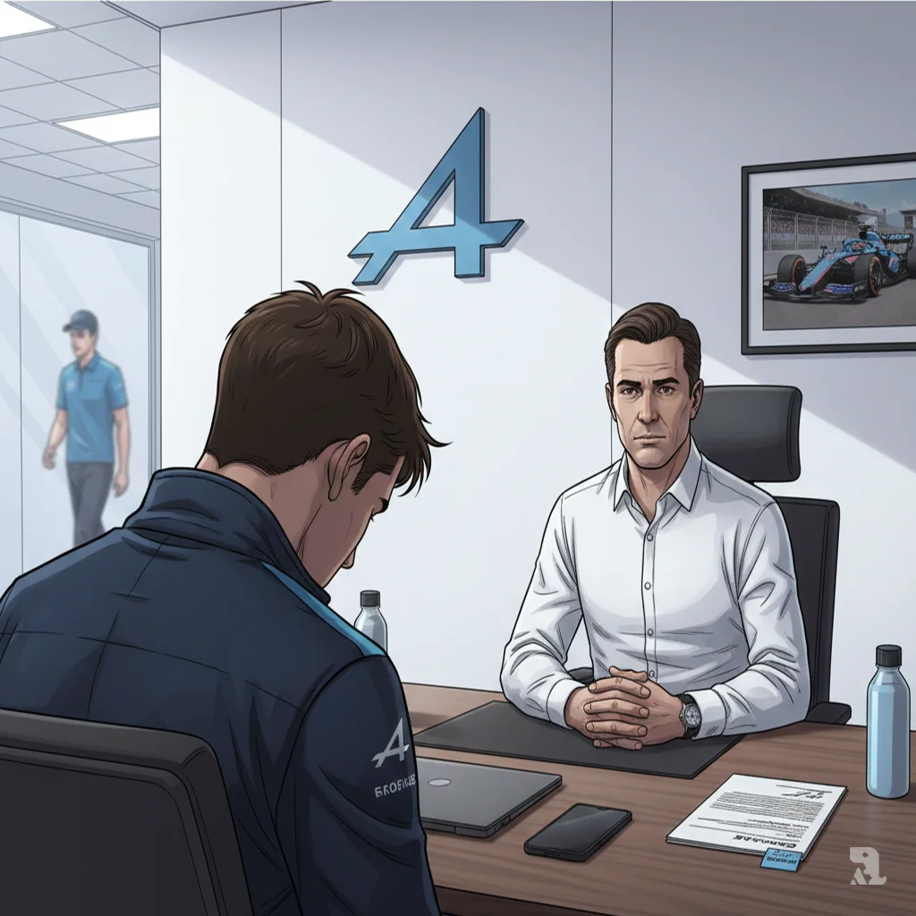 Jack Doohan sits hunched in a corporate meeting room while an Alpine team official informs him he is being dropped from the team after the Miami Grand Prix.