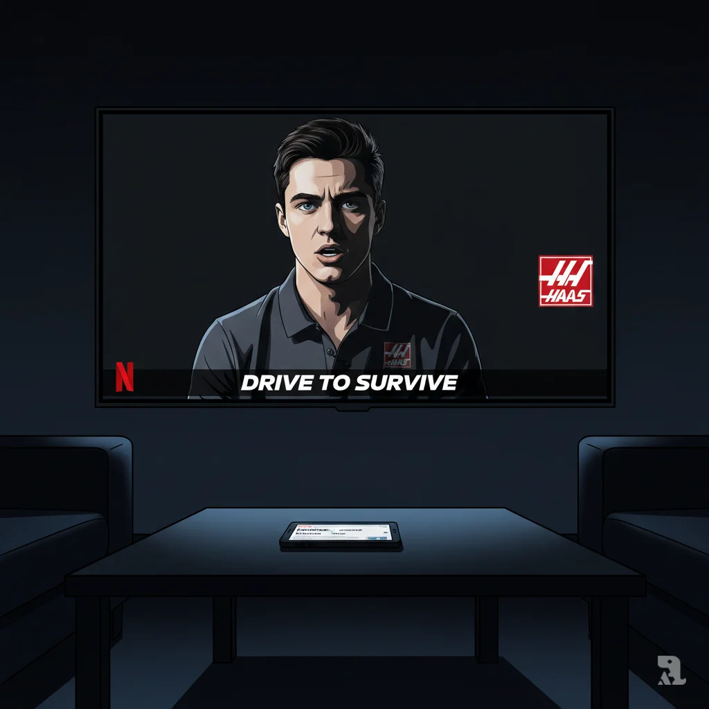A television screen displays Jack Doohan being interviewed in the Netflix "Drive to Survive" documentary where he reveals the full story of the threats.