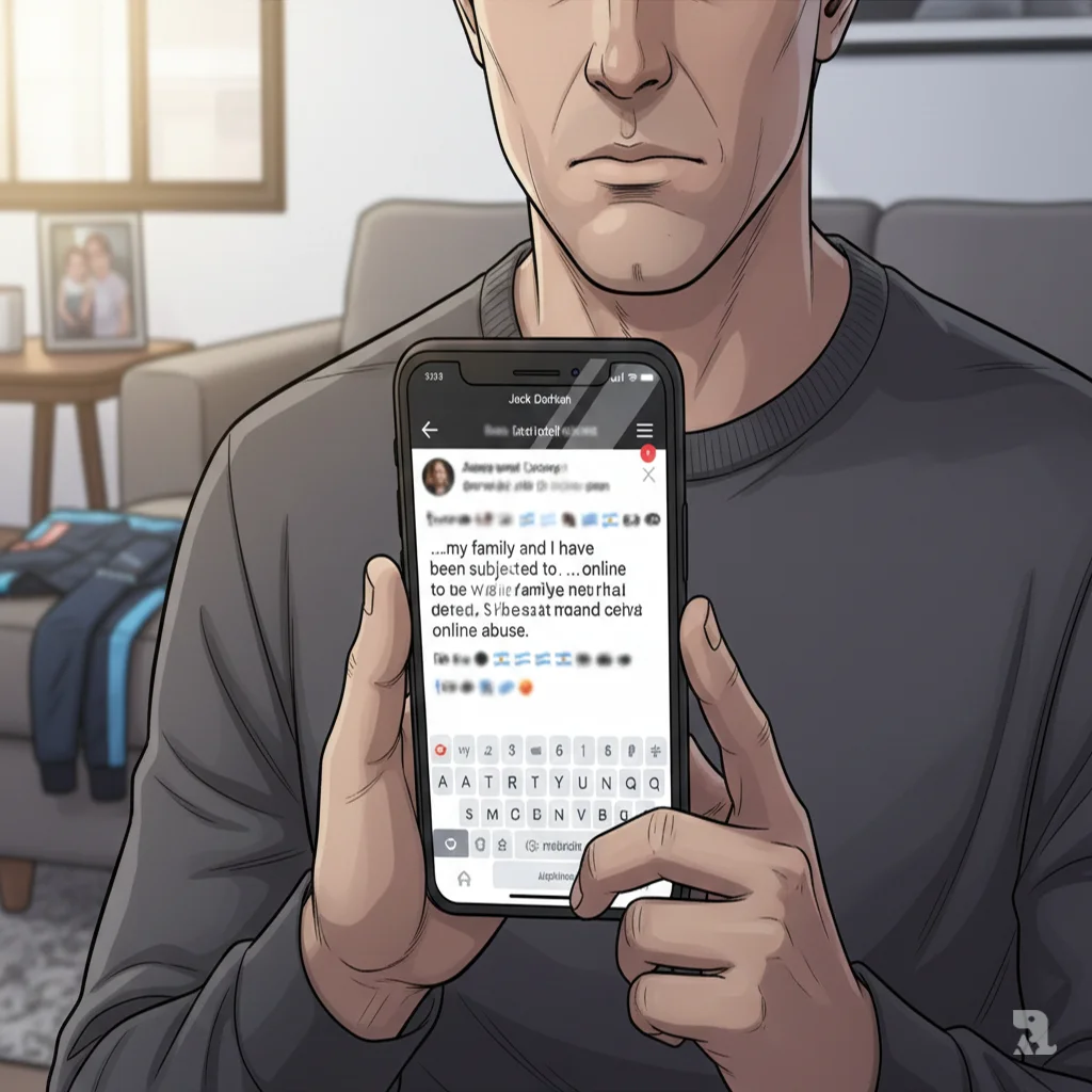 Jack Doohan composes a social media statement on his phone about online abuse, with a discarded Alpine team jacket visible on the couch in the background.