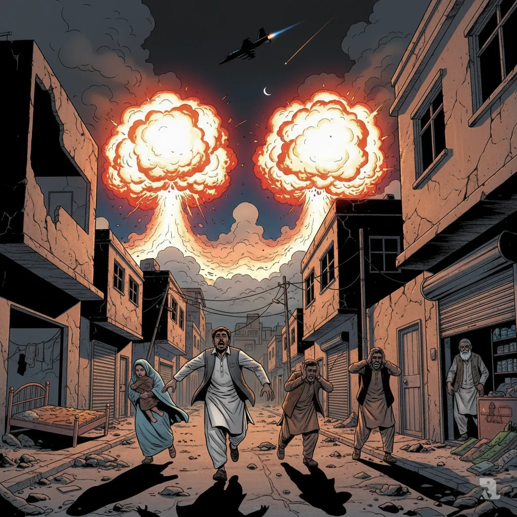 Nighttime explosions illuminate Kabul residential streets as Pakistani jets conduct counter-strikes on the Afghan capital. Civilians flee in panic amid destroyed buildings and rubble, with anti-aircraft fire visible against the dark sky.