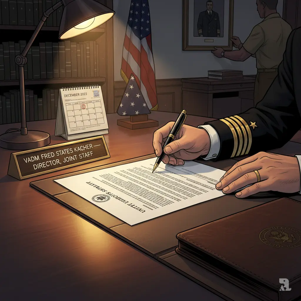 Close-up of Vice Admiral Kacher's hands signing official appointment documents at a Pentagon desk, with a brass nameplate reading "VADM FRED KACHER — DIRECTOR, JOINT STAFF" and December calendar visible, capturing the brief tenure before his removal.