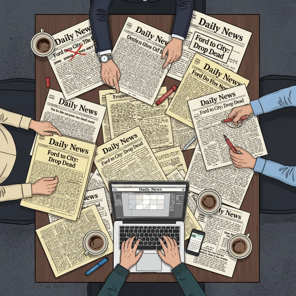 A top-down view of a cluttered conference table shows a "war room" brainstorming session. Advisers' hands are seen pointing at mock-ups, typing on a laptop, and holding a reference printout of the famous 1975 "Ford to City: Drop Dead" Daily News front page. Scattered papers, markers, and coffee cups illustrate the team's creative process workshopping a new headline.