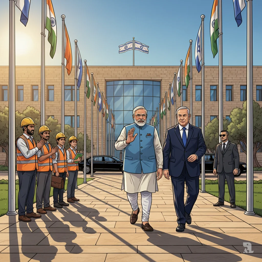 Prime Minister Modi walks alongside PM Netanyahu toward the Israeli Prime Minister's Office in 2025, with Indian workers and students visible in the background, representing 32,000 workers and 900 students currently in Israel.