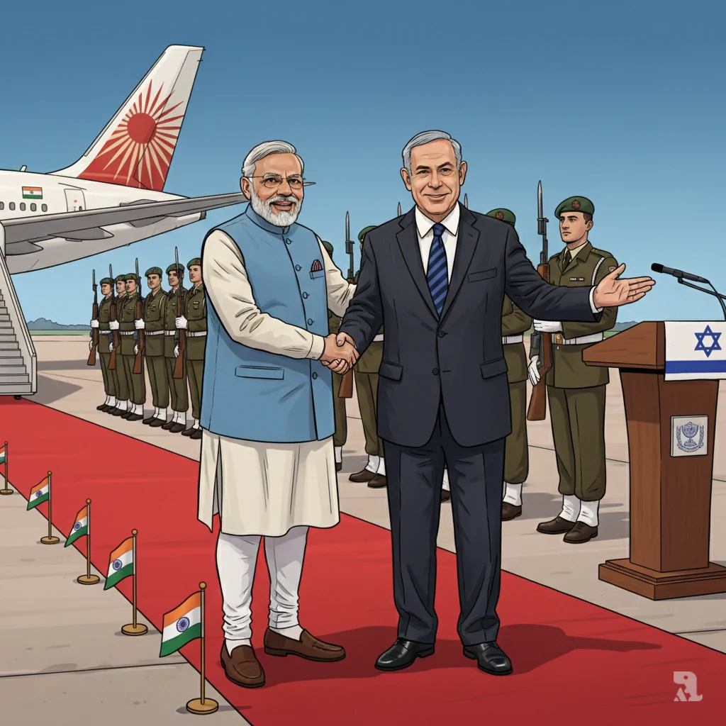 Prime Minister Narendra Modi and Israeli Prime Minister Benjamin Netanyahu share a warm handshake on the red carpet at Ben Gurion Airport in 2017, marking the first visit by an Indian PM to Israel, with honour guards and Air India aircraft in background.