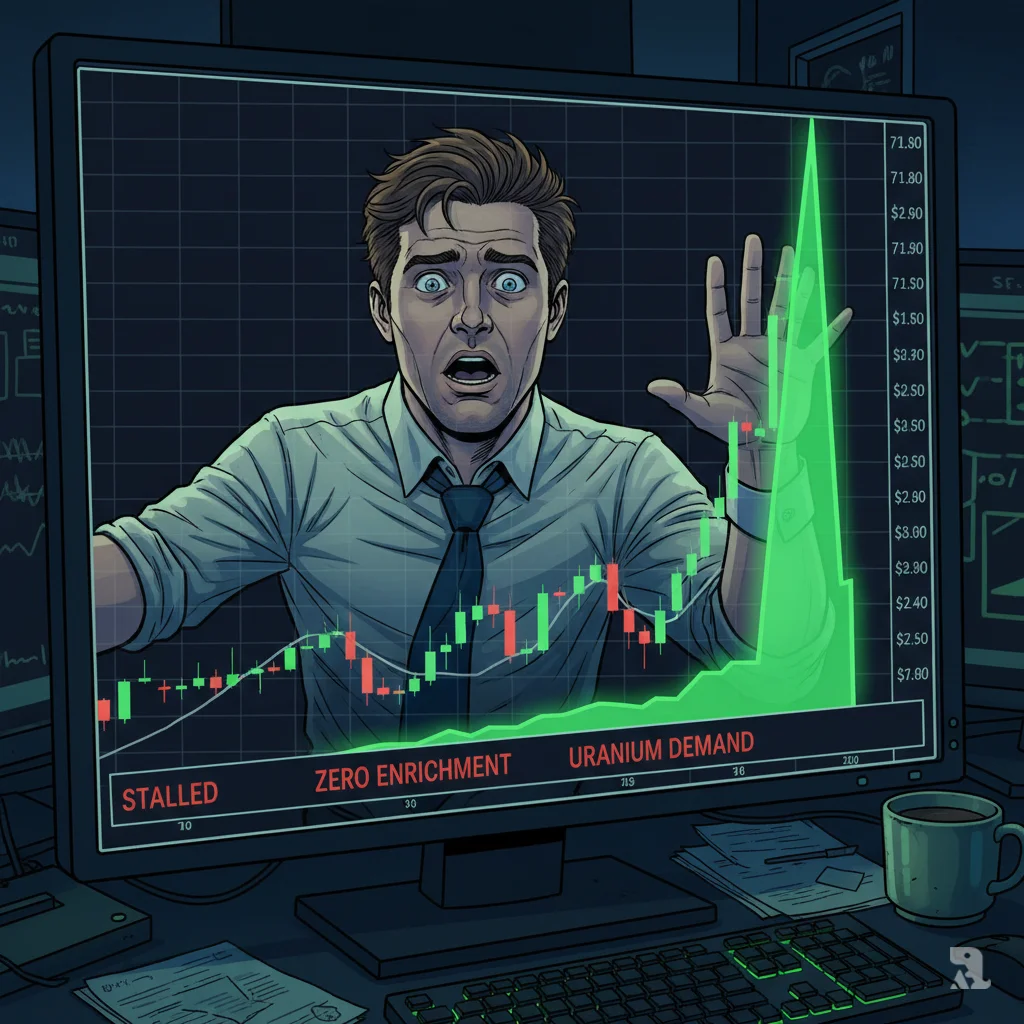 A close-up of a trading terminal screen showing a sharp spike in oil prices. A bright green candlestick on a dark chart surges upward, indicating a price jump of over a dollar. A news ticker displays fragments like "STALLED" and "URANIUM DEMAND." The faint, alarmed reflection of a trader in a white shirt is visible on the glass screen, highlighting the market's reaction to stalled negotiations.