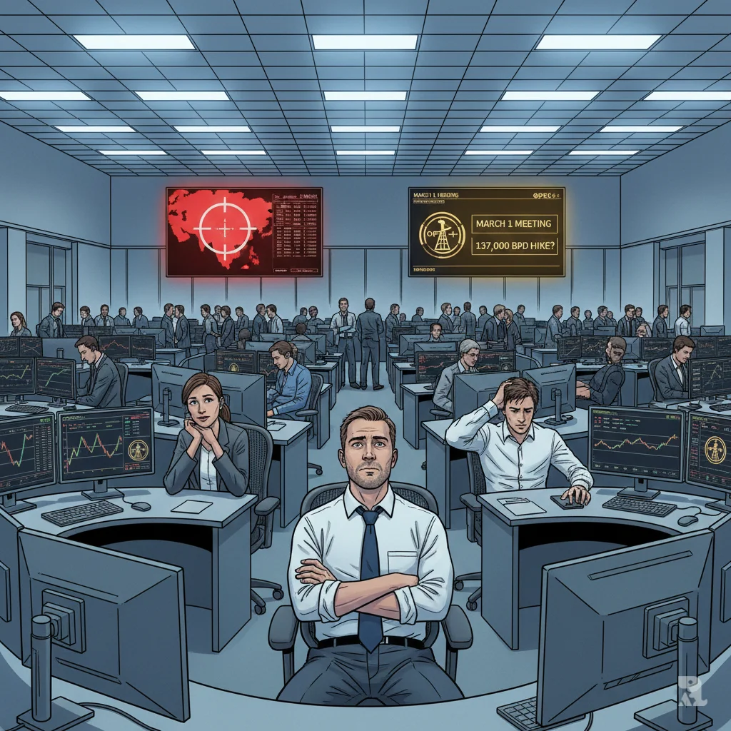 A wide shot of a busy commodities trading floor. Traders sit at desks with multiple screens displaying flat price charts. A central trader leans back with his arms crossed, looking contemplative. On the far wall, two large screens show the opposing forces: one displays a map of Iran with a military crosshair, the other shows the OPEC+ logo and meeting details.