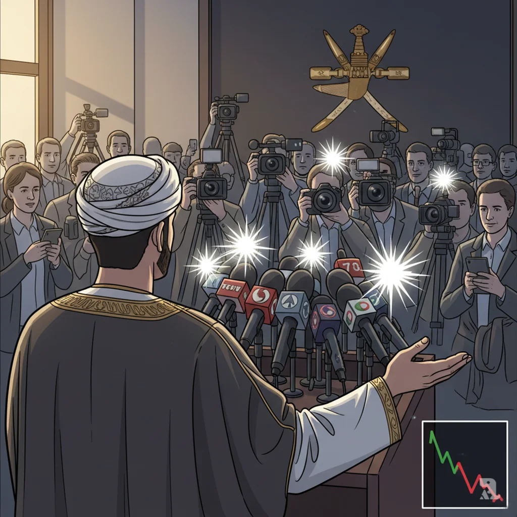 An over-the-shoulder shot of an Omani mediator in traditional white attire, gesturing calmly with an open palm toward a podium of international press microphones. Camera flashes burst from journalists and photographers in the background. A small overlay in the corner shows an oil price chart beginning to curve downward, representing easing prices after his statement.