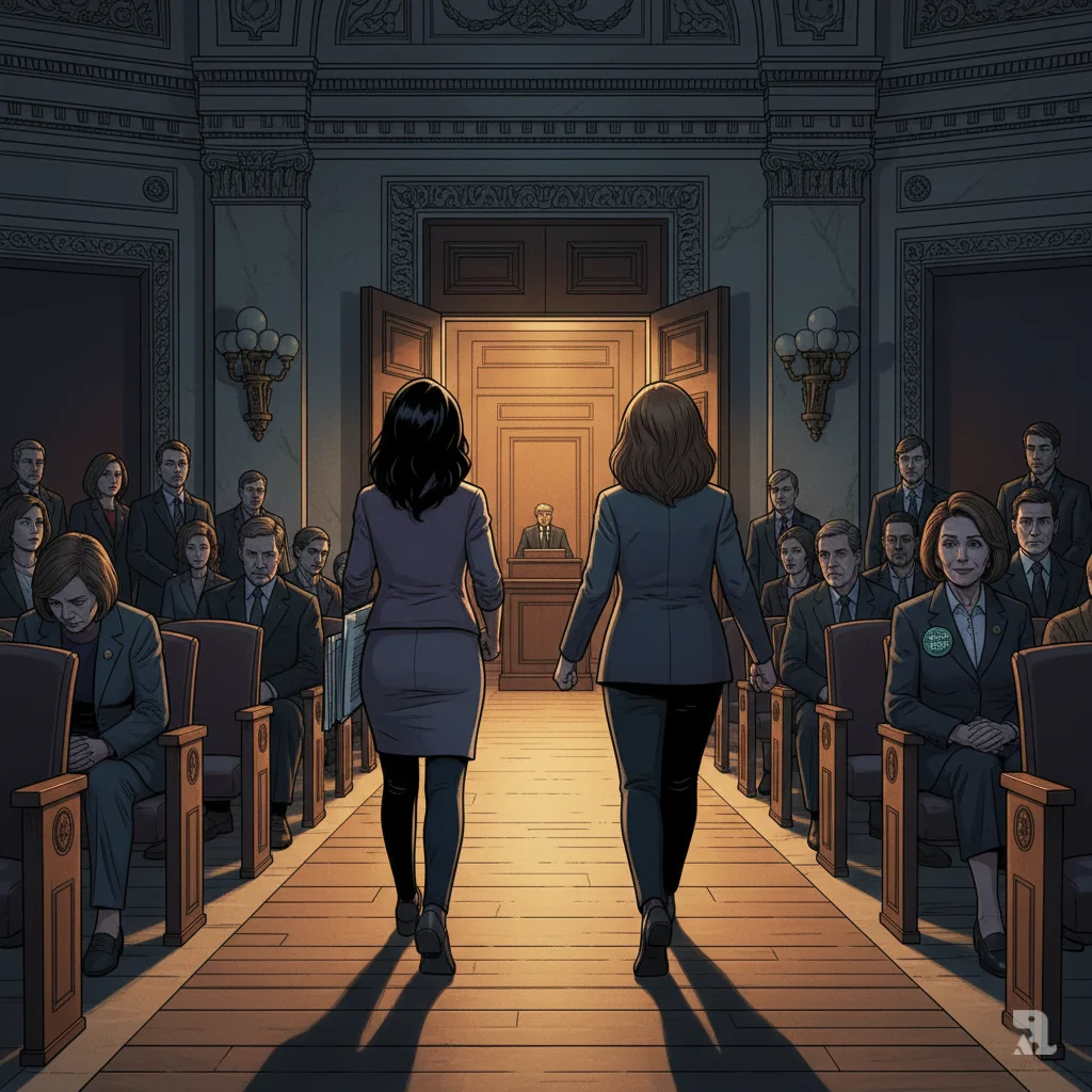 Reps. Ilhan Omar and Rashida Tlaib walking out of House chamber down aisle, empty Democratic seats visible, Nancy Pelosi seated with Epstein pin, survivors in gallery, distant glowing podium.
