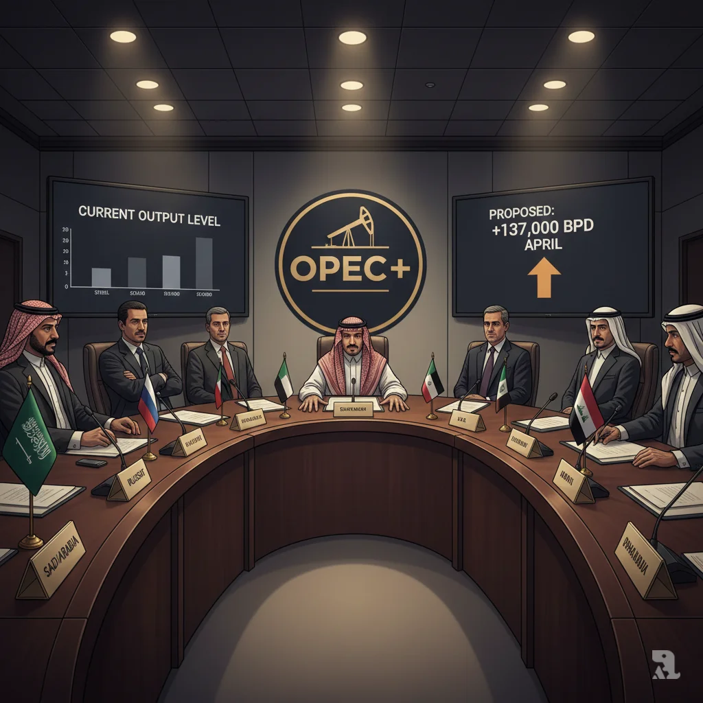 A dramatic low-angle shot of a curved OPEC+ conference table. Delegate nameplates, microphones, and small flags of member nations like Saudi Arabia and Russia are visible. The Saudi delegate's hands are placed firmly on the table. In the background, a large OPEC+ logo is flanked by digital displays showing data on a proposed production hike of 137,000 barrels per day.