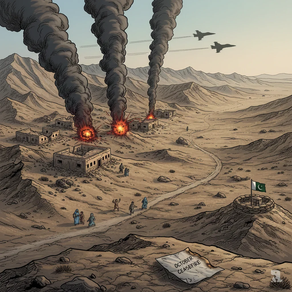 Aerial view of Pakistani fighter jets conducting air strikes on Afghan border compounds with smoke plumes rising from destroyed structures, while civilians flee below. A burned "October Ceasefire" document lies in the foreground, symbolizing the broken truce between Pakistan and Afghanistan.