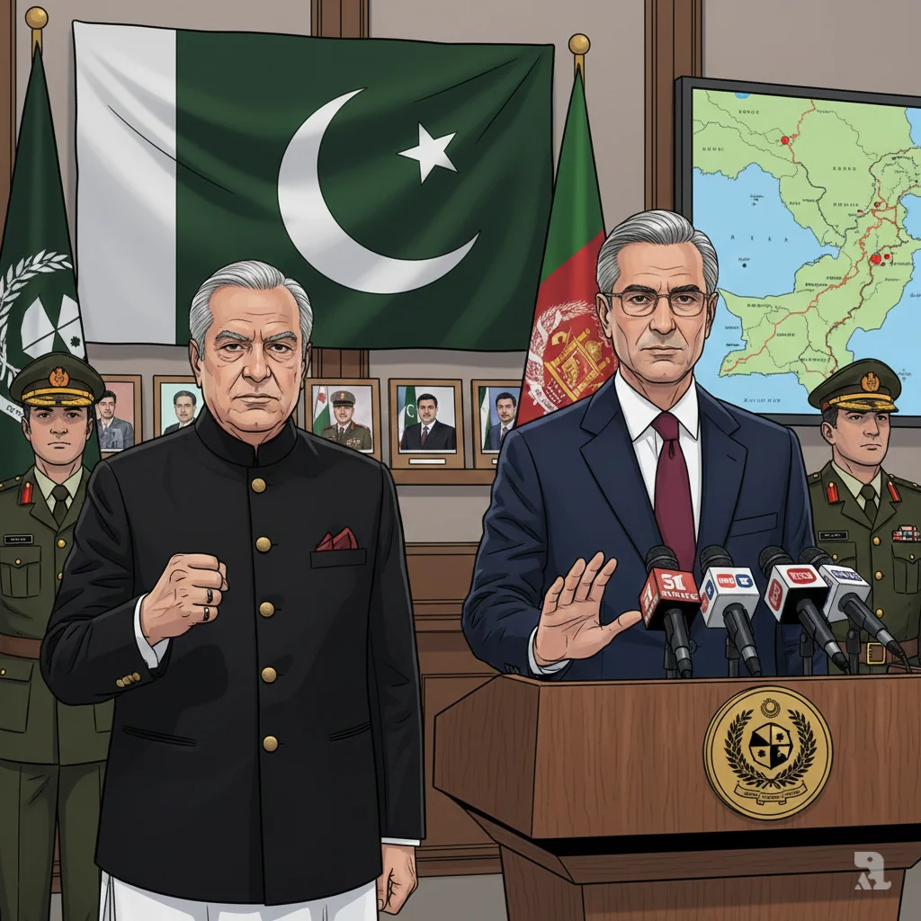 Pakistani President Asif Ali Zardari and Prime Minister Shehbaz Sharif address the nation from an official podium, displaying unified resolve behind military operations against Afghanistan with national flags and military emblems in the background.